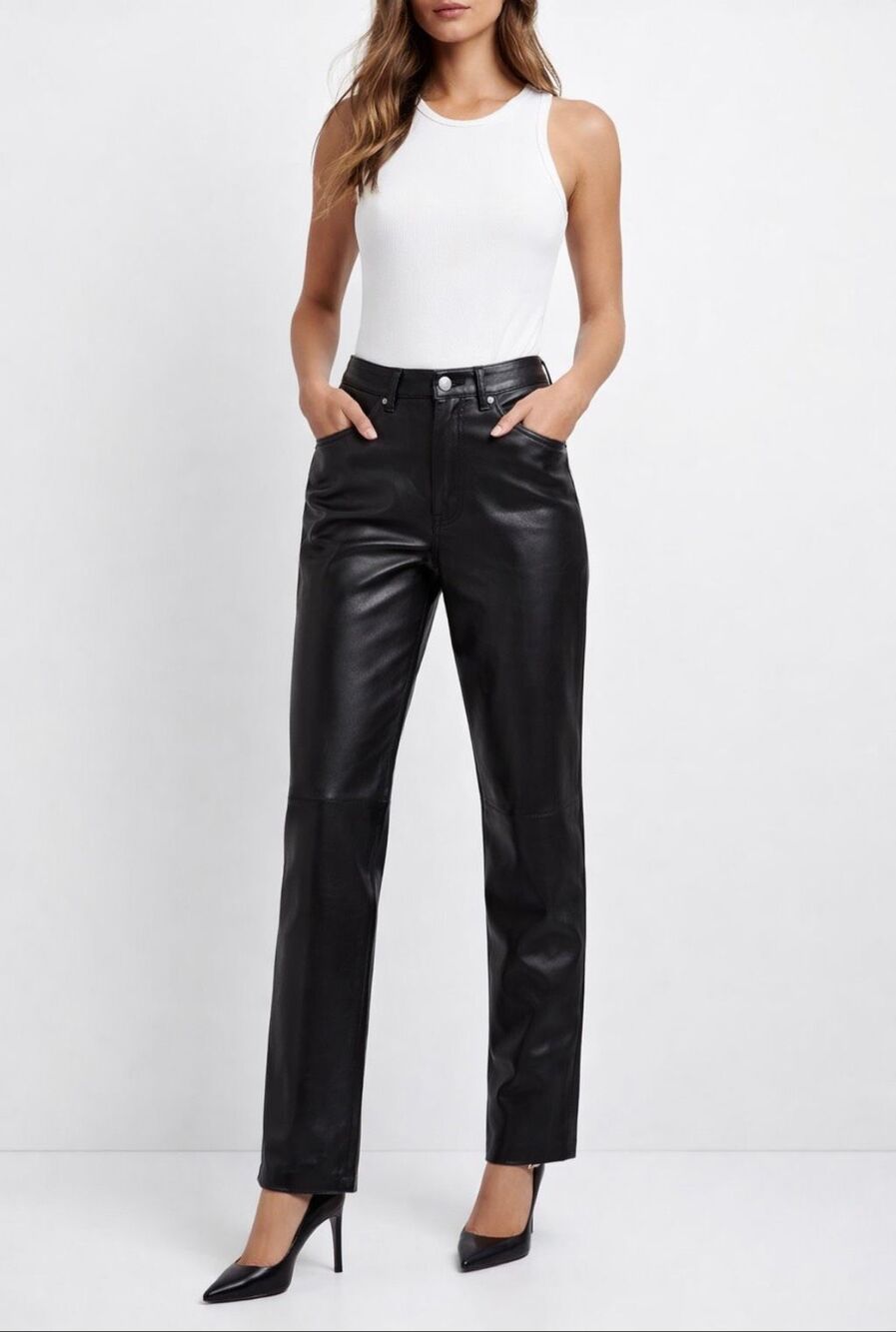 Margaret Godfrey Black Genuine Leather High Rise Straight Leg Pants Size 8